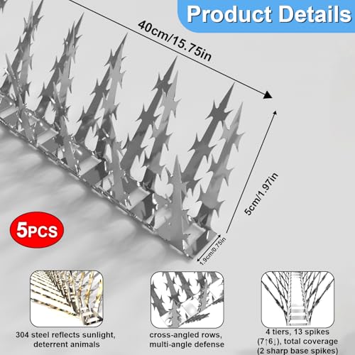 Bird Spikes Squirrel Proof Baffle for Bird Feeders, Avoid Climb Spikes for Outside, Fence, Garden, Tree, Roof, Deterrent Spikes for Squirrel, Raccoon, Pigeon, Cat, 79 Inch Stainless Steel Barb Spikes - size: 1.31FT*5 Bird Spikes
