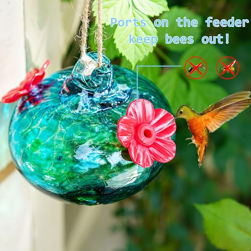 3in Blown Glass Hummingbird Feeders for Outdoors with 2 Feeding Ports | Attract Hummingbirds, Ant and Bee Resistant, Easy Hanging - color: B