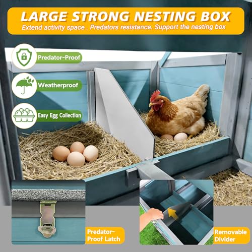 YOPTO Large Wooden Chicken Coop with Run Blue Gray 141.1 in | 21.2 ft² run, Fits 3–4 chickens, Nesting box, Sliding tray, Waterproof UV roof, Solid wood frame - size: 141 in