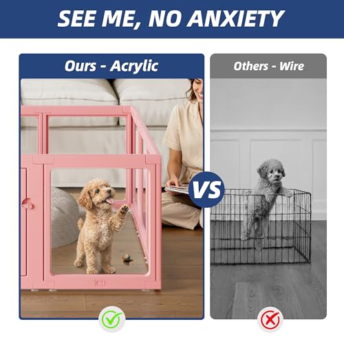 Clear Acrylic Dog Playpen Indoor, Puppy Cat Small Pet Play Pen, Pet Cat Playpen for Rabbits, Dog Fence Crate Kennel Whelping Cage (Pink, 10 Panel) - color: Pink, size: 24"H