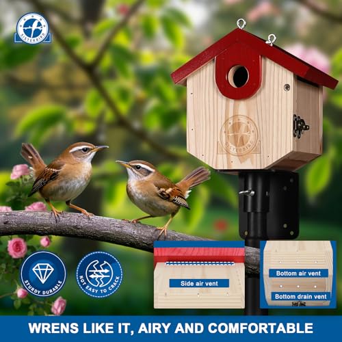 SISTERBIRD Wren Bird Houses for Outside Cedar Hanging Birdhouses for Outdoors 1-1/8" Entrance Hole Bird Houses for Outside Clearance Wooden Nesting Box Chickadee Predator Guard, Red - color: Red