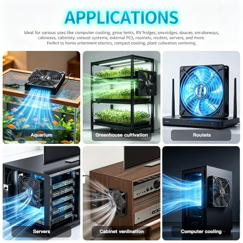 120mm AC Computer Cooling Fan, 110V-240V Speed Controller, for PC, Router | Wall plug exhaust with 5ft cord, metal guard, 25mm thick, for AV cabinet, receiver, amplifier, electronics, and greenhouse