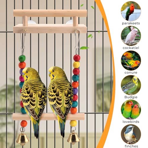 Natural Wood Bird Swing & Perch Platform for Cage | Fits Small Parrots (Budgies, Cockatiels) | Multi-Level Habitat Gym for Swaying & Hopping | Tool-Free Mount