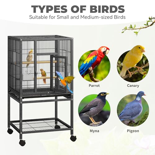 YITAHOME 41 inches Metal Bird Cage for Parakeets: Large Parrot Cages with Tray, Food Boxes, and Wooden Perches with Rolling Stand & Brakes for Lovebirds Cockatiels Pigeon Finches, Black | Large Parrot Cages with Tray, Food Boxes, and Wooden Perches with R
