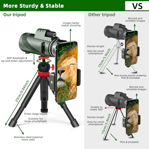 40X60 High Power Monocular Telescope with Tripod & Phone Adapter, HD Low Light Vision for Adults, Perfect for Wildlife Watching, Hiking, Camping and Sporting Events - color: Green 40