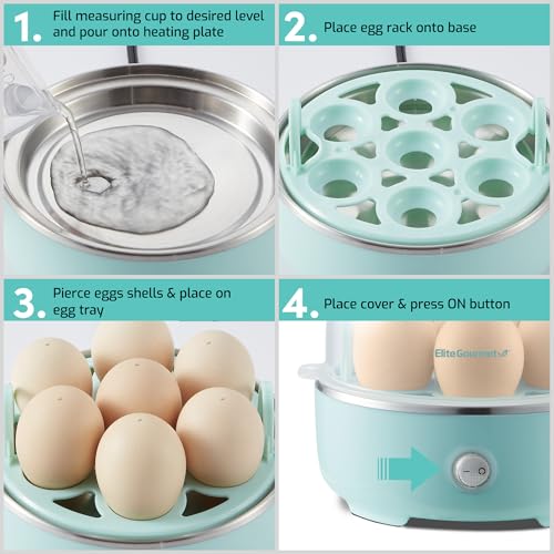 Elite Gourmet EGC115M Easy Egg Cooker, 7-Egg, BPA-Free, Retro Mint | Cooks soft, medium, or hard-boiled eggs with auto shut-off - electric operation - includes measuring cup - color: Retro Mint, size: 7 Egg