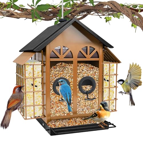 TayePin Bird Feeders for Outdoors Hanging, Metal Wild Bird Feeders with Double Suet Cage, 4LBS Large Capacity for Outside Garden Waterproof, ldeal Gifts for Birds Feeding Finch Cardinal, Brown