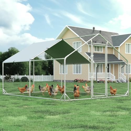4ever2buy Metal Chicken Coop, 10x13 FT Walk-in Chicken Run Pen Poultry Cage, Water-Resistant & Anti-UV Cover, Large Chicken Coop for 12-15 Chickens - size: 157.2"L x 117.6"W x 76.8"H