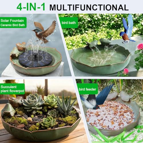 Solar Hummingbird Fountain,Ceramic Birdbath Bowl Water for Outdoor, Solar Powered Ground Bird Feeders and birdbath for Outdoors, Tabletop, Deck, Balcony Patio, Lawn,Yard Garden Decor - style: birdbathwithfundation