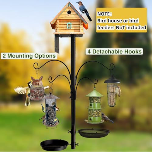 Bird Feeder Pole - 92 Inch Heavy Duty Birdhouse Stand with Squirrel Proof Baffle for Outdoor, Adjustable Bird Feeding Station with Multi Shepherds Hooks Mental Trays for Garden Attracting Wild Birds - color: Black
