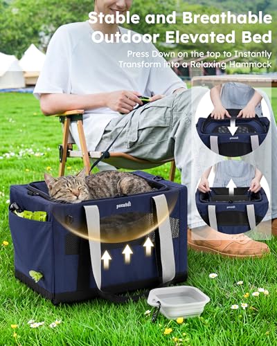 Pecute Cat Carrier, Top Expandable Dog Crate for Travel, Blue | 5mm Anti-Collapse Steel Frame, Soft Mesh, Vet Visits, Foldable Travel Crate,Outdoor Hammock, Leakproof Pee Pad & Bowl - color: Blue