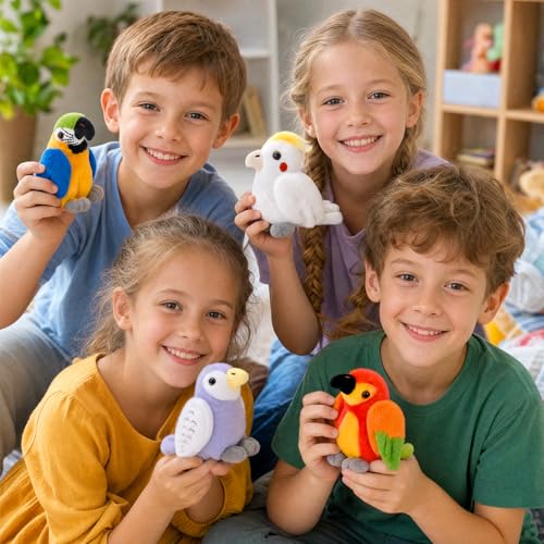 Soulchen 4 Pcs Parrot Birds Stuffed Animals Toy Gift Set 4.7 Inch | Macaw, Budgie, Cockatiel, Sun Conure Small Plush Parrot Stuffed Animal Doll Toys for Kids Boy Girl Birthday Party Bird Lovers