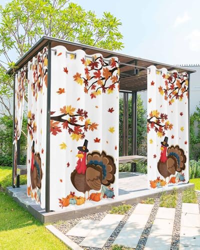 Outdoor Curtains for Patio, Turkey Waterproof Blackout Outside Curtain for Porch/Pergola/Gazebo, Thanksgiving Maple Leaf Orange Teal Blue Pumpkin Thermal Insulated Drapes, 2 Panels, 54 x 84 Inch - color: White, size: 54"W x 84"L (Pack of 2)