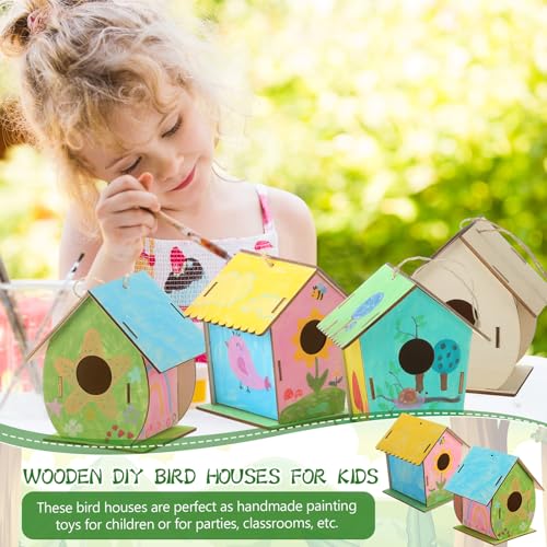 DoubleFill 60 Pcs Wooden Bird Houses Bulk for Kids Unfinished Wood Birdhouses for Children Wood Craft Project Kits for DIY Wooden Arts and Crafts for Summer VBS Crafts