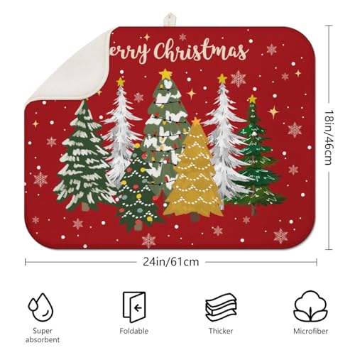 Christmas Kitchen Countertop Dish Drying Mat, Red Christmas Tree Snowflake Pattern Microfiber Kitchen Drying Mat, Washable Absorbent Countertop Xmas Winter Holiday Dish Mat Drainer,18x24Inch - color: christmas, size: 18" x 24"