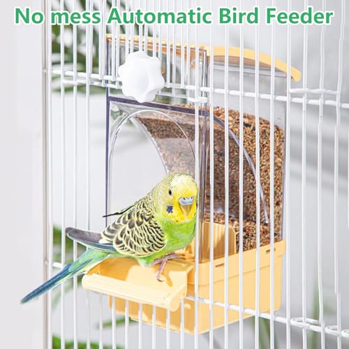 Hamiledyi Automatic Bird Feeder No Mess Bird Cage Feeder Transparent Acrylic Parrot Seed Food Container with Perch Cage Accessories for Parakeet Finch Lovebirds Budgies Canary (Yellow) - color: Yellow Transparent