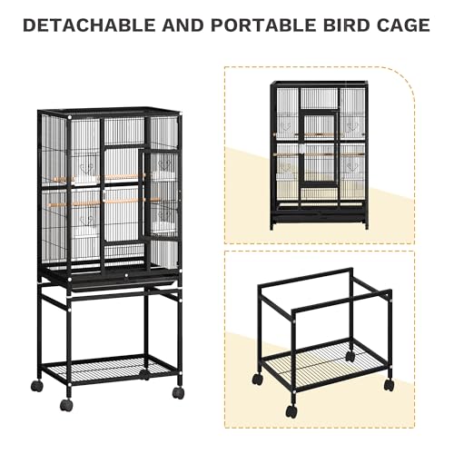 DWVO 53.9-Inch Metal Bird Cage | Large Parrot Cages with Seed Catcher & Cover - Rolling Stand with Brakes - color: Black, size: 24.0"L x 16.9"W x 53.9"H