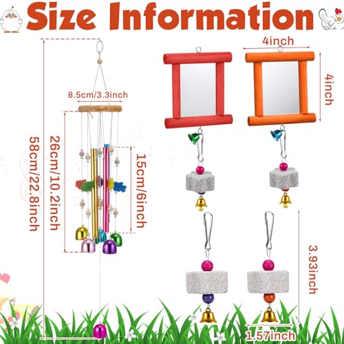 VioraWhite 7 Pcs Chicken Toys, Hanging Chicken Wind Chime, 2 Pcs Coop Mirror Toys with Bells 4 Pack Beak Grinding Stones, Musical Coop Accessories for Hen Rooster Chick Poultry Birds(Red, Orange) - color: Red, Orange
