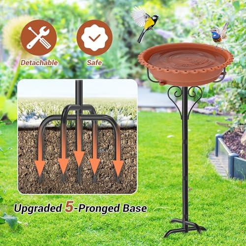 Bird Bath for Outside,12" Plastic Removable Bowl,Brown | Heavy Duty Metal 5 Prongs Base,Easy CLean,Weather-Resistant,Rust-Proof,40" Freestanding Birdbath for Garden Patio Yard Lawn - color: Brown-Freestanding