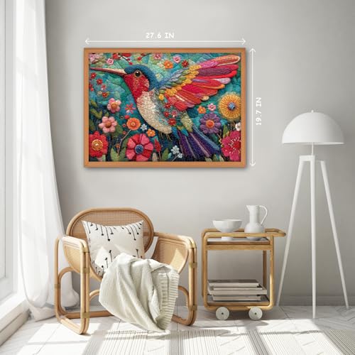 Hummingbird Puzzles for Adults 1000 Pieces, Bird Flower Garden Patchwork Art Quilt Puzzle, Beautiful Spring Floral Difficult Hard Jigsaw Puzzles with Animals, Colorful Challenging for Adults - style: Patchwork Hummingbird