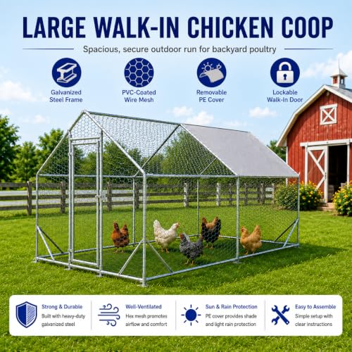 Large Metal Chicken Coop Run with Removable PE Cover, Walk-in Galvanized Steel Poultry Enclosure with PVC-Coated Wire Mesh and Lockable Door for Chickens, Ducks and Rabbits (10'Lx13' W x6.56'H) - size: 10'Lx13' W x6.56'H