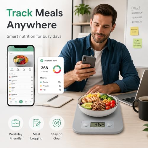 URAMAZ Smart Food Scale with Nutritional Calculator, Digital Kitchen Scale with Bluetooth App for Weight Loss, Food Weight Scale for Diet, Keto, Macro, Calories Counting, Tracking, 11lb - color: Grey
