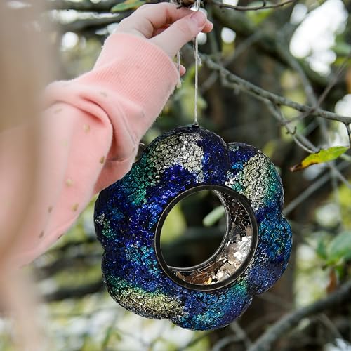 Sunnydaze Mosaic Glass Bird Feeder, Fly-Through, Indigo Flower Mosaic | 10" Small Unique Hanging Bird Feeder for Outdoors, Drainage Hole, Weather-Resistant, Birdfeeder for Cardinals, Jays, Finches - color: Indigo Flower Mosaic