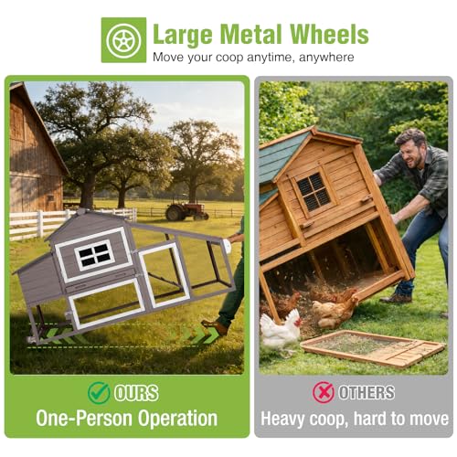 GUTINNEEN Chicken Coop with Wheels, Expandable Hen House Poultry Cage with Run, UV-Protected Roof, Divided Nesting Boxes, Easy One-Person Move, Ideal for 2 Adult Chickens or 4 Bantams, 72.3" L, Brown - color: Brown, size: 72.3"L x 26"W x 39.8"H