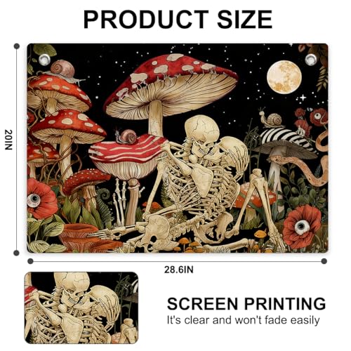 Gothic Skull & Mushroom Tapestry Banner Flag Dark Academia Skull Wall Decor | Moon Floral Elements Gift for Goth Fans, Witchy Souls Fantasy Art Lovers for Dorm Bedroom Party 28.5 x 20 Inch - color: Multi 0664