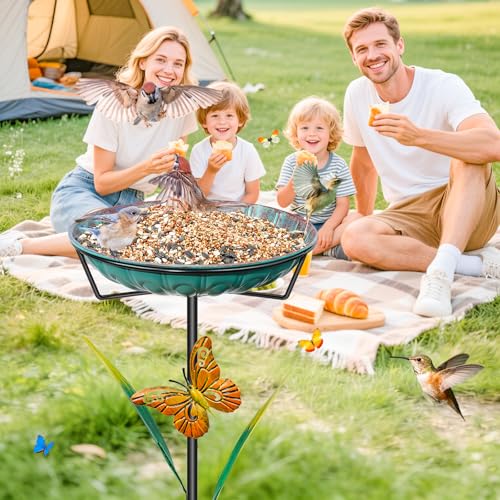 Metal Bird Bath for Outside, 35In Freestanding Birdbath with 5-Pronged Sturdy Base, Removable Easy Clean Birdfeeder Bowl with Butterfly & Leaf for Outdoors Garden Patio Yard Lawn Decor(Blue)