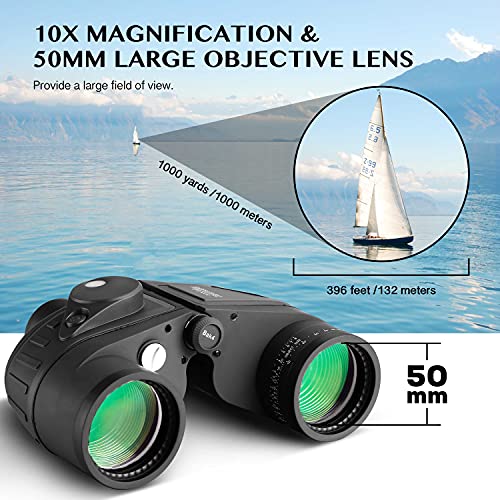 AOMEKIE 10x50 Waterproof Marine Binoculars for Adults with Rangefinder Compass BAK4 Prism FMC Lens for Birdwatching Hunting Boating Fishing Water Sports(Black) - color: Black
