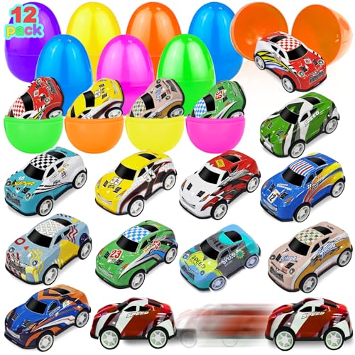12 Pack Easter Eggs with Pull Back Race Cars Toys, 2.2" Colorful Mini Vehicles in Surprise Eggs for Egg Hunt, Easter Basket Stuffers Gifts Birthday Party Favors for Boys Ages 3+ - style: 12 Pack Easter Eggs with Pull Back Cars