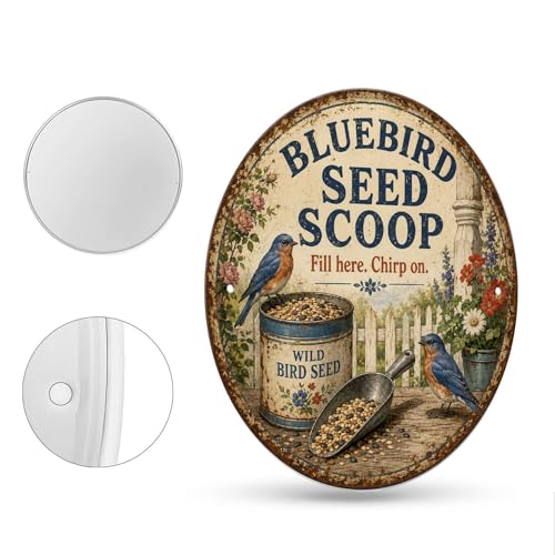Bluebird Seed Scoop tin Sign Vintage Bluebird Bird Seed Metal Signs Round Retro Wall Art for Home Bedroom Kitchen Bar Cafe Garden Patio Outdoor Wall Decor Gift (8X8 IN) - size: 8X8 IN