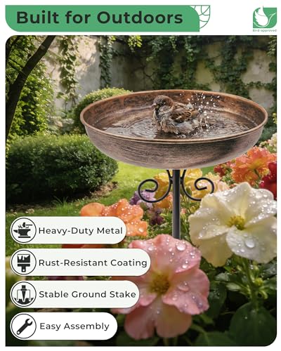 10" Small Metal Bird Bath with Stake, Outdoor Birdbath for Garden | 5-Prong Stake, Adjustable Height, Rust Resistant Finish, Easy Assembly, Shallow Bowl Design, Lawn Patio Decor - size: 10 "diameter, 1.6" depth