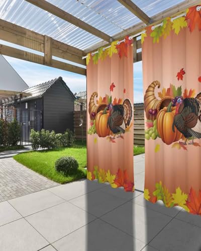 Outdoor Curtain for Patio, Orange Pumpkin Fall Waterproof Blackout Curtain for Porch/Pergola/Gazebo, Thanksgiving Botanical Turkey Thermal Insulated Drapes for Cabana, 2 Panels, 54 x 108 Inch - size: 54"W x 108"L (Pack of 2)