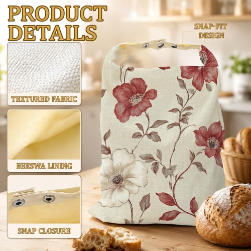 Red Floral Bread Bags for Homemade Bread, Vintage Garden 2 Pack Linen and Beeswax Sourdough Storage Bags, Reusable Keeper, Keeps Breads Fresh Longer, Gifts for Bakers - color: Red Floral