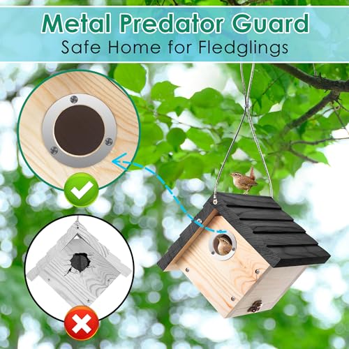 Dreyoo 1 Pack Wren House, 1-1/8'' Entrance Hole Hanging Wooden Wren Bird Houses for Outside with Metal Guard, Air Vents, Pine Wood for Chickadees (Black) - color: Black