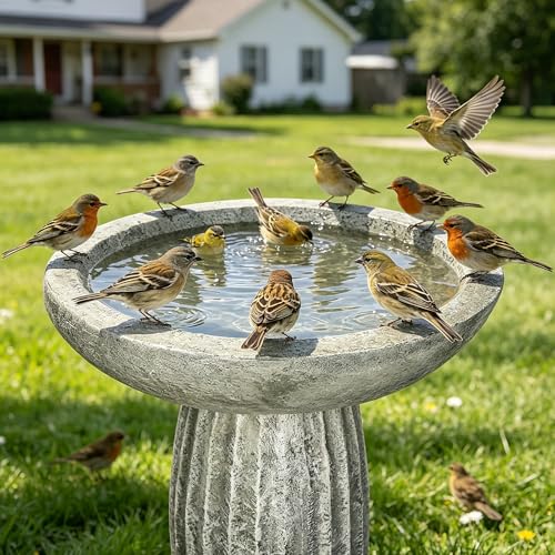 SKYFIRE 24.4" Pedestal Bird Bath for Outdoor, Geometric Fluted Concrete Birdbath with Tree Trunk Decor, Durable Fibre Reinforced Birdbath for Garden, Patio, Lawn & Backyard - color: Concrete Gray