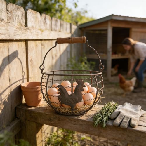 Wire Egg Basket for Gathering Fresh Eggs, Rustic with Rooster & Wood Handle | Vintage, Rusty Metal Open Weave, Backyard Chicken Keepers, Holds 24, Easter/Xmas Gift, Egg Collecting Basket, Kitchen Counter