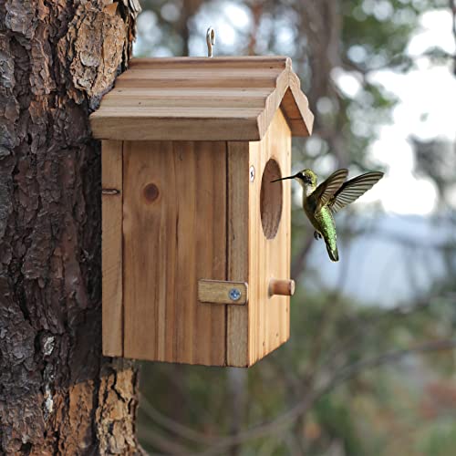 Hummingbird House for Outside Hanging, Mini Wood Birdhouse specifically for Hummingbird, Small Bird Nesting Box with Perch, Weather-resistant outdoor birdhouse, Dimensions:3.3*4.1*5.9 inch