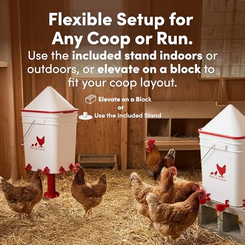 RentACoop 5 Gallon Chicken Waterer with 4 Auto-Fill Water Cups, 4 Horizontal Nipples, and Custom Adjustable Stand; BPA-Free; Large Capacity Poultry Waterer- Corner Placement
