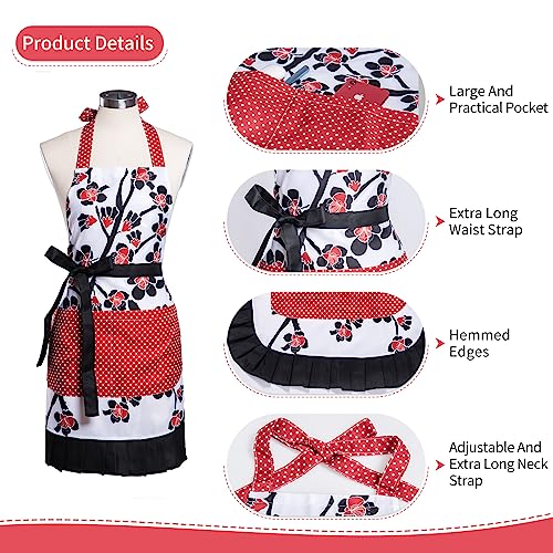 Lovely Flower Pattern Retro Aprons With Large Pockets for Women Girls Cooking Kitchen Bakery Mother's Gift - color: Plum Bloom