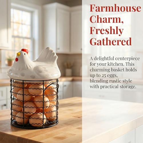 Hiceeden Metal Wire Chicken Egg Storage Basket, Decorative Fresh Egg Holder with Ceramic Chicken Design Lid, Portable Round Collectiong Basket for Kitchen Supplies, Pantry