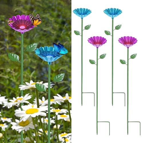 M METERXITY 4-Pack Bee Watering Station, 64cm/25 Inch Iron Bee Bath for Garden Water Feeder, Colorful Butterfly Bath Bowl for Outdoor/Garden/Yard Decor [Blue/Rose Red] - color: Blue, magenta