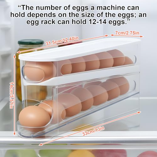 2 Pack Egg Dispenser for Refrigerator 4 Floors Eggs Holder for Fridges | Auto Rolling Fridge Egg Carton,14 Grid Space Saving Clear Eggs Storage Box,Rolls Stackable Container, with Lid for Kitchen