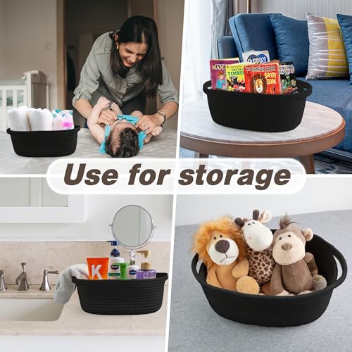 Pro Goleem Small Woven Basket with Gift Bags and Ribbons Durable Baskets for Gifts Empty Small Rope Basket for Storage 12"X 8" X 5" Baby Toy Basket with Handles, Black - color: black