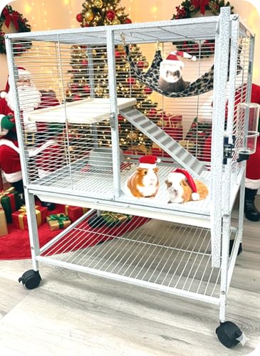 Deluxe Two Tiers Ferret Hammock Chinchilla Guinea Pig Rabbit Mouse Critter Rolling Cage Tight 1/2-inch Bar Spacing Durable Front Door Easy Clean Pull Out Grate Tray Water Bottle Food Bowl On Wheels - color: White Vein, size: 24"L x 17.5"W x 34"H
