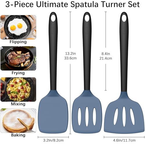 Coukre 3 Pack Silicone Spatula Set, Heat Resistant to 500°F, BPA-Free | Fish Spatula, Solid & Slotted Turners, Dishwasher Safe, Spatula Set for Eggs, Pancakes, Fish & Burgers, DarkBlueBlack - color: DarkBlueBlack