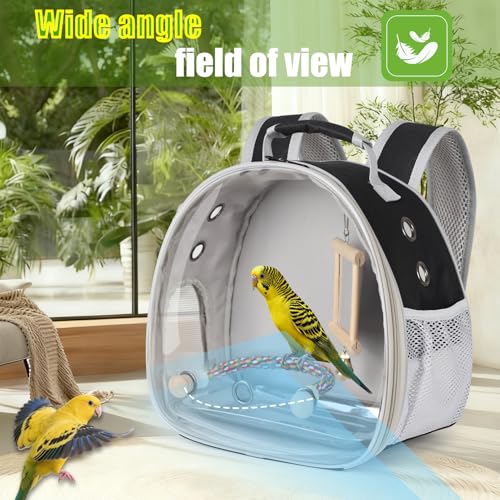 Bird Travel Carrier Bubble Window Backpack with Mirror Parrot Standing Toy,Portable Parrot Cage Backpack with Stand Perch, Pet Travel Bag for Cockatiels,Parrots,Love Bird,Small Birds - color: Black, size: Backpack/mirror