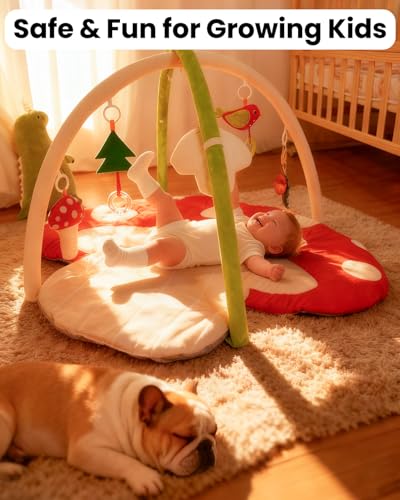 Thickened Baby Play Gym, Machine Washable Playmat | Extra Large Activity Mat, Tummy Time Mat with 5 Detachable Toys for Motor Skills, Non-Slip Bottom, For nursery, Mushroom